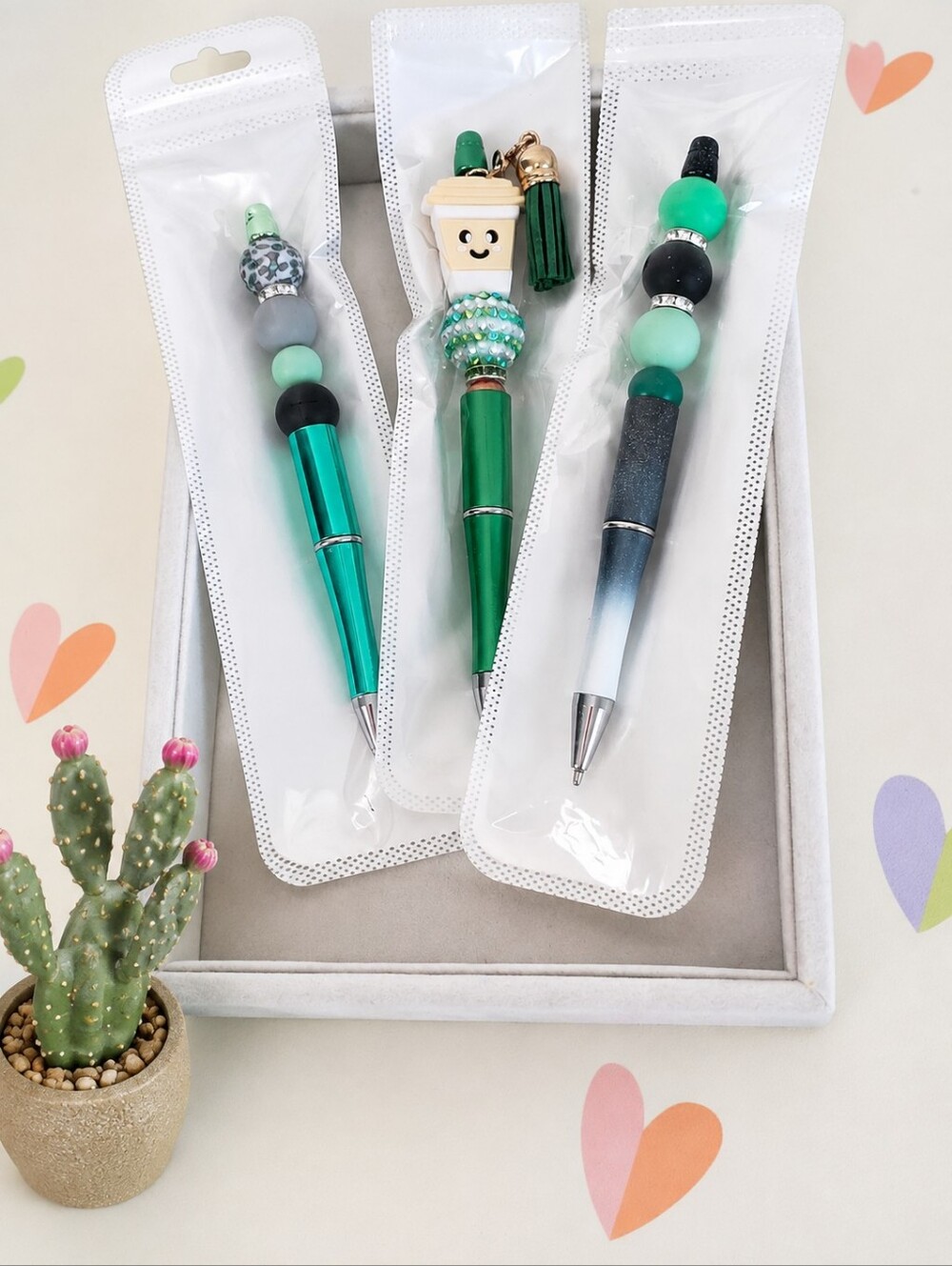 Beaded Charm Pens 3pc Set – Cute Coffee  handmade Stationary School Work Office